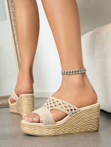 女士时尚手工编织厚底凉鞋，坡跟菱形图案波西米亚风海滩婚礼派对办公室户外健身房，春夏