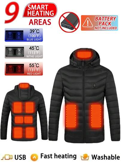 Veste chauffante décontractée pour hommes, couleur unie, manches longues, contrôle unique 9 zones de chauffage, manteau d'hiver à isolation thermique