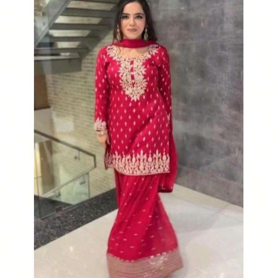 Festive Special Red Gharara Suit Set - Red - View 1