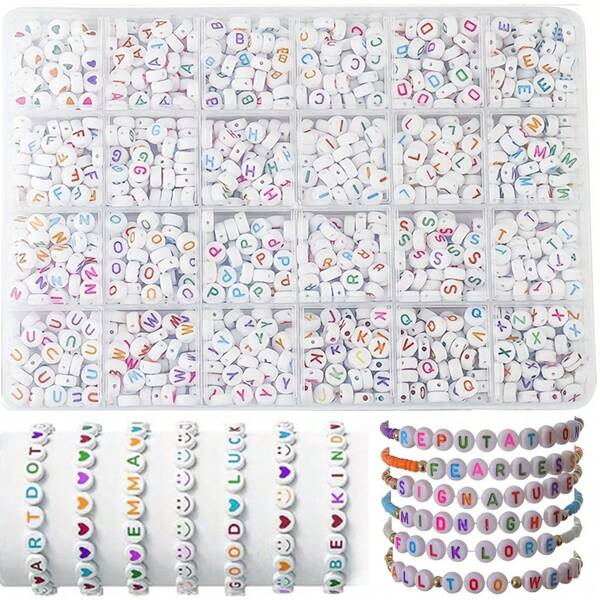 24pcs/Set 4*7mm 1200 Acrylic Flat Alphabet Letter A-Z Beads For DIY Jewelry Making, White Background Colorful Letters (With Elastic Cord)