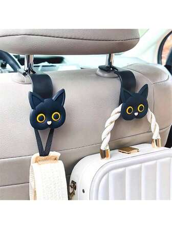 2pcs 3D Cartoon Cat Design Car Seat Headrest Hook Hanger, Multifunctional Car Storage Organizer, Suitable For Bags, Wallets, Coats, Cute Car Accessories