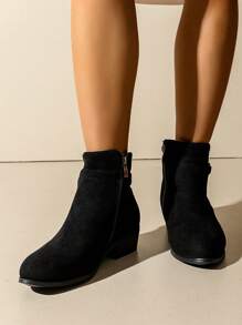 女士秋冬新款纯色粗跟皮带扣侧拉链短靴，休闲百搭切尔西踝靴，女靴 - 黑色 - 查看 5