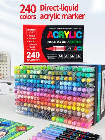 240 Colour Acrylic Marker Set, Soft Tip With Automatic Ink Control System, Strong Coverage For Doodling And Colouring, Suitable For Artists, DIY Crafts, Canvas, Wood, Glass, Rocks And Fabrics, Great For Back To School!