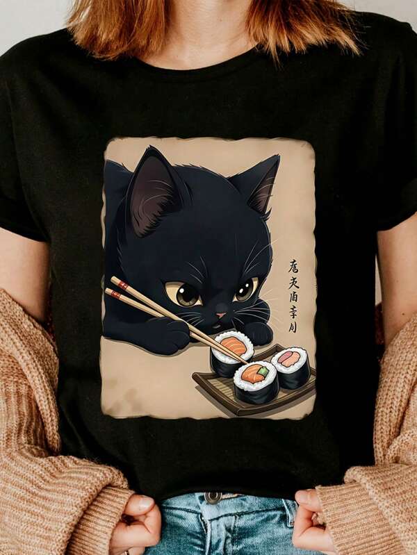 Cartoon Cat Pattern Printed Plus-Size Short-Sleeved, Ladies' Top, Spring And Summer Comfortable Round Neck Top, A Must-Have For Daily Outfits, Cute Patterns, Super Cute Sweet Girl Outfits,Plus Size Women Clothes,Plus Size Tops,Plus Size Summer Clothes,Going Out Tops Women,Holiday Outfits Night,Inawly,Summer Holiday,Cute Tops,Graphic Tees Women