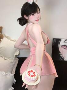 1 Conjunto de vestido de conejita dulce y lindo para niña, con pecho pequeño, traje de uniforme de conejita sexy y lindo, disfraz de cosplay de conejo de anime (se regala un collar + tanga), disfraz de Halloween