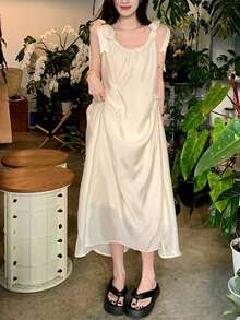 Francés suave perezoso estilo de vacaciones sueltas señoras halter vestido de las mujeres de diseño de verano sentido de la falda de longitud media - Blanco - Ver 5