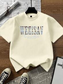 重磅 100% 纯棉时尚品牌印花宽松休闲短袖 T 恤，夏季甜美风格，百搭上衣 - 杏色 - 查看 2