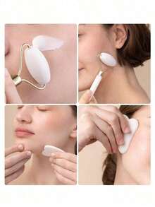 1pc Face & Body Gua Sha Tool Set – Roller, Scraping Board, Massage Kit, Available In Pink/White - trắng - Xem 2