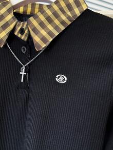 Women's Polo Collar 2 In 1 Plaid Patchwork Long Sleeve T-Shirt, Stylish And Slimming Design