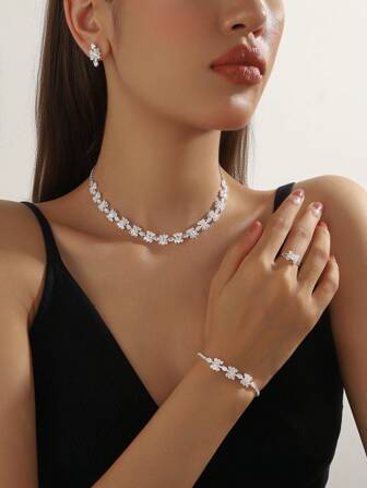 Ensemble de bijoux de luxe pour femmes, collier en argent avec cristal cubique zirconium + boucles d'oreilles + bracelet + bague 5 pièces, convient pour robe de mariée, soirée, gala, vacances, assortis