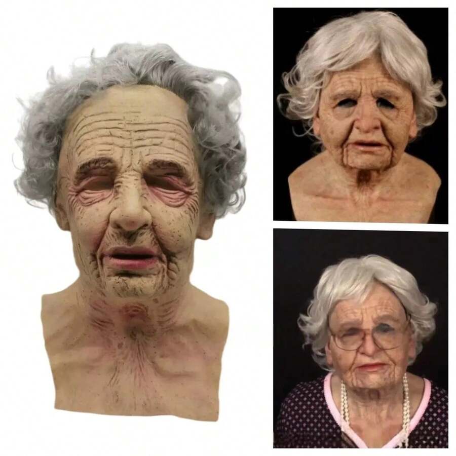 1 件逼真的老人/女人面罩，乳胶老人角色扮演道具面罩，万圣节服装配饰 - 彩色 - 查看 1