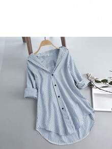 Women's Oversized Striped Long Sleeve Comfortable Shirt - 藍色 - 查看 6