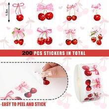 200 张闪亮樱桃贴纸卷，激光粉色和红色浆果水果印章贴纸，8 种款式自粘贴纸，适用于信封、剪贴簿、生日派对装饰 - 彩色 - 查看 2