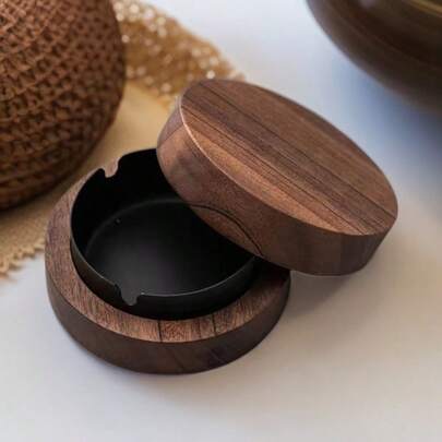 Cenicero de madera maciza vintage con tapa, decoración para el hogar y la oficina, accesorio de lujo para fumar de bajo peso