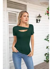 Womens Fashion Fall Cutout Long Sleeve Ribbed Slim Fitted Tops Shirts Tee Tshirts - Short-dark Green - View 3