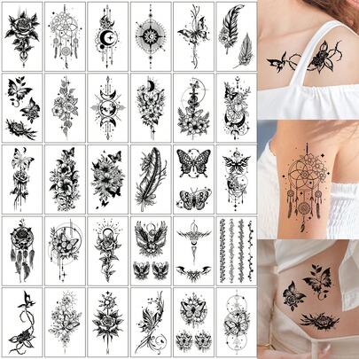 30 件优雅女士临时纹身 - 混合设计，包括黑色花卉、蝴蝶、羽毛、捕梦网和月亮图案 - 防水人体艺术贴纸，适用于手腕、锁骨、大腿 - 适合派对化妆，持续 2-5 天