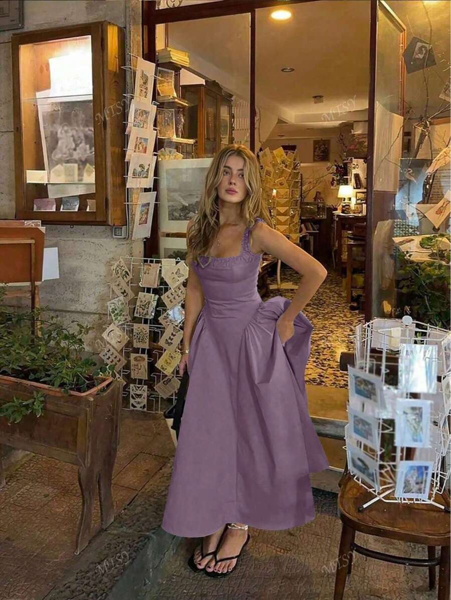 Vestido sólido casual y elegante con fruncido y patchwork para primavera y verano, estilo campo