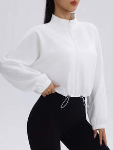 Women's Drawstring Hem Sports Jacket, Casual Short Zip-Up Running Fitness Yoga Outerwear