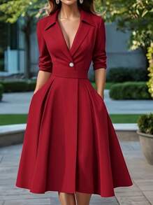 优雅女士深V领连衣裙，法式时尚风格，百搭欧式衬衫领连衣裙，修身学院风连衣裙，红色中长休闲连衣裙，适合办公室穿着 - 紅色 - 查看 4