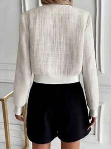 Women's Elegant All-Season Fall Jacket, Solid Color Front Metal Button Pocket Faux Pocket Ribbed Tweed Round Neck Coat - Beige - View 2