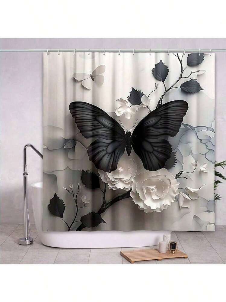 1pc Elegant Black Butterfly Shower Curtain - High-End Waterproof & Anti-Fog Bathroom Decor With Floral Pattern, Polyester Fabric For Stylish Bathroom Upgrade, Waterproof Curtain | Artistic Shower Curtain | Machine Washable Fabric, Shower Curtain For Bathrooms Fall Decor Bathroom Accessories Back To School - Multicolor - View 1