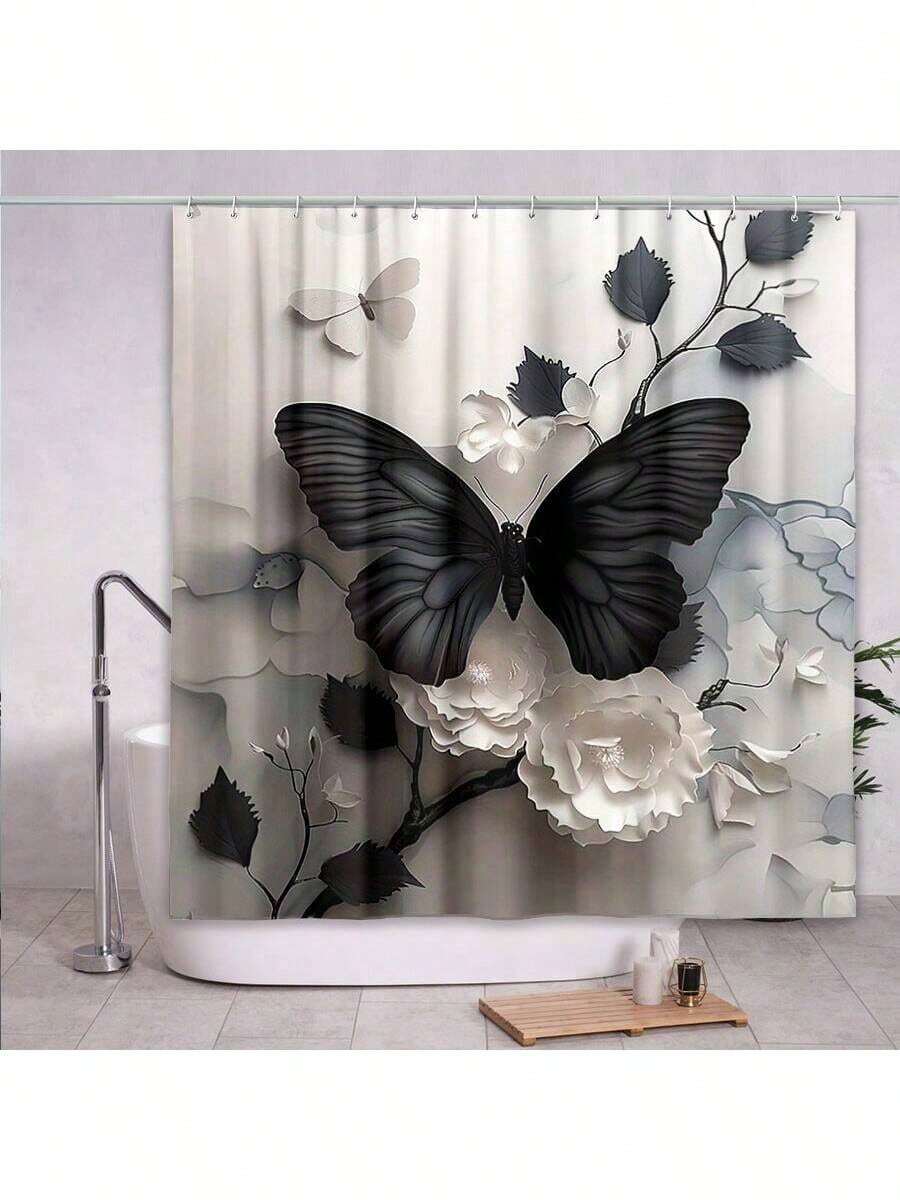 1pc Elegant Black Butterfly Shower Curtain - High-End Waterproof & Anti-Fog Bathroom Decor With Floral Pattern, Polyester Fabric For Stylish Bathroom Upgrade, Waterproof Curtain | Artistic Shower Curtain | Machine Washable Fabric, Shower Curtain For Bathrooms Fall Decor Bathroom Accessories Back To School - Multicolor - View 1