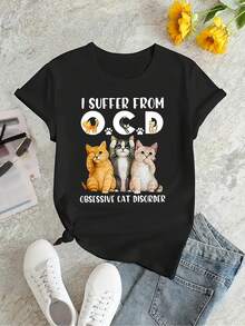 Camiseta gráfica "Sufro de TOC" para hombres y mujeres con gatos de dibujo animado - Casual, de manga corta, cuello redondo, comodidad para todas las estaciones, ropa casual de vacaciones, ropa casual| Diseño Juguetón| Cómodo - Negro - Ver 3
