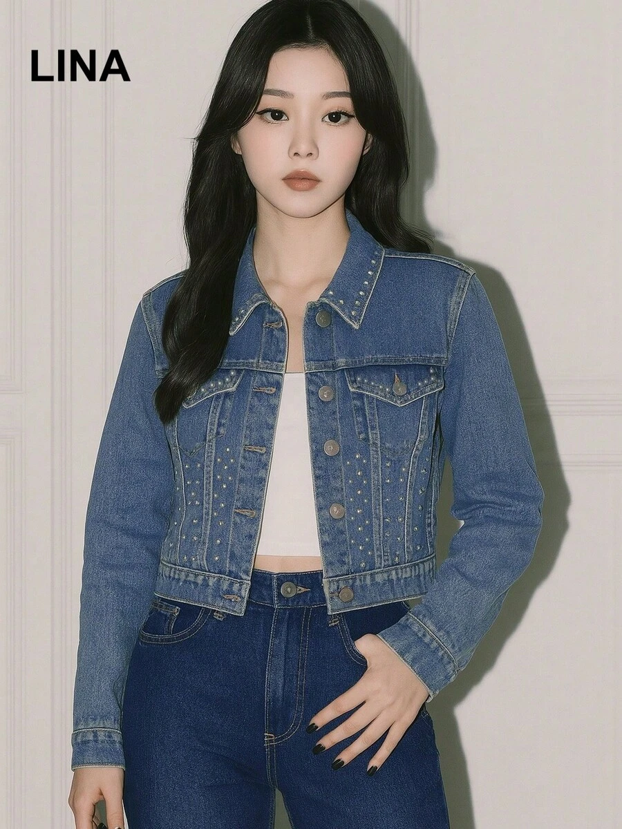LINA Chaqueta Cazadoras Mezclilla Abrigos Vaqueros Azul Manga Larga Botones