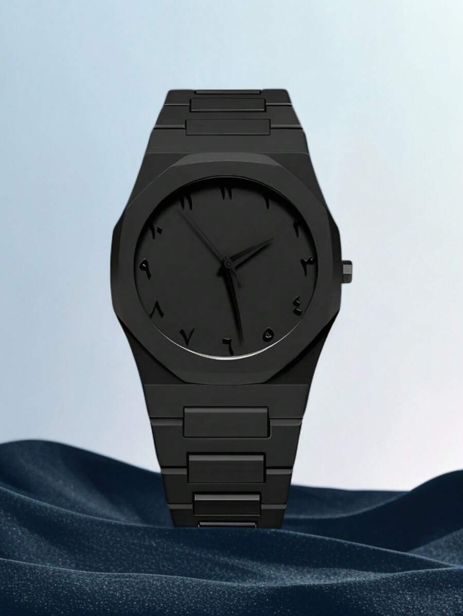 1 件男士黑色表带时尚休闲个性涂鸦元素简约刻度表盘石英表适合日常佩戴或毕业礼物 - 黑色 - 查看 1