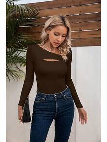 Womens Fashion Fall Cutout Long Sleeve Ribbed Slim Fitted Tops Shirts Tee Tshirts - 長咖啡 - 查看 7