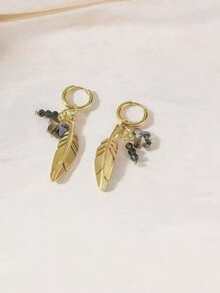 1 Pair Fashion Women's Stainless Steel Pendant Feather Butterfly Four-Leaf Clover Heart Earrings, Daily Casual Ear Jewelry - Yellow Gold - View 14