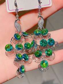 1 对孔雀仿水晶耳环，简约色彩动物耳坠，轻盈奢华小众百搭 - 藍色 - 查看 4