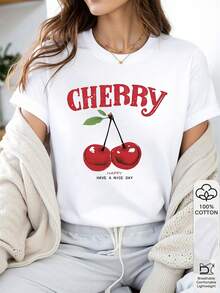 1 件女式图案 T 恤，100% 纯棉，樱桃水果印花，复古字母，可爱复古设计，适合女童的春夏四季 T 恤，限时优惠，完美的礼物之选