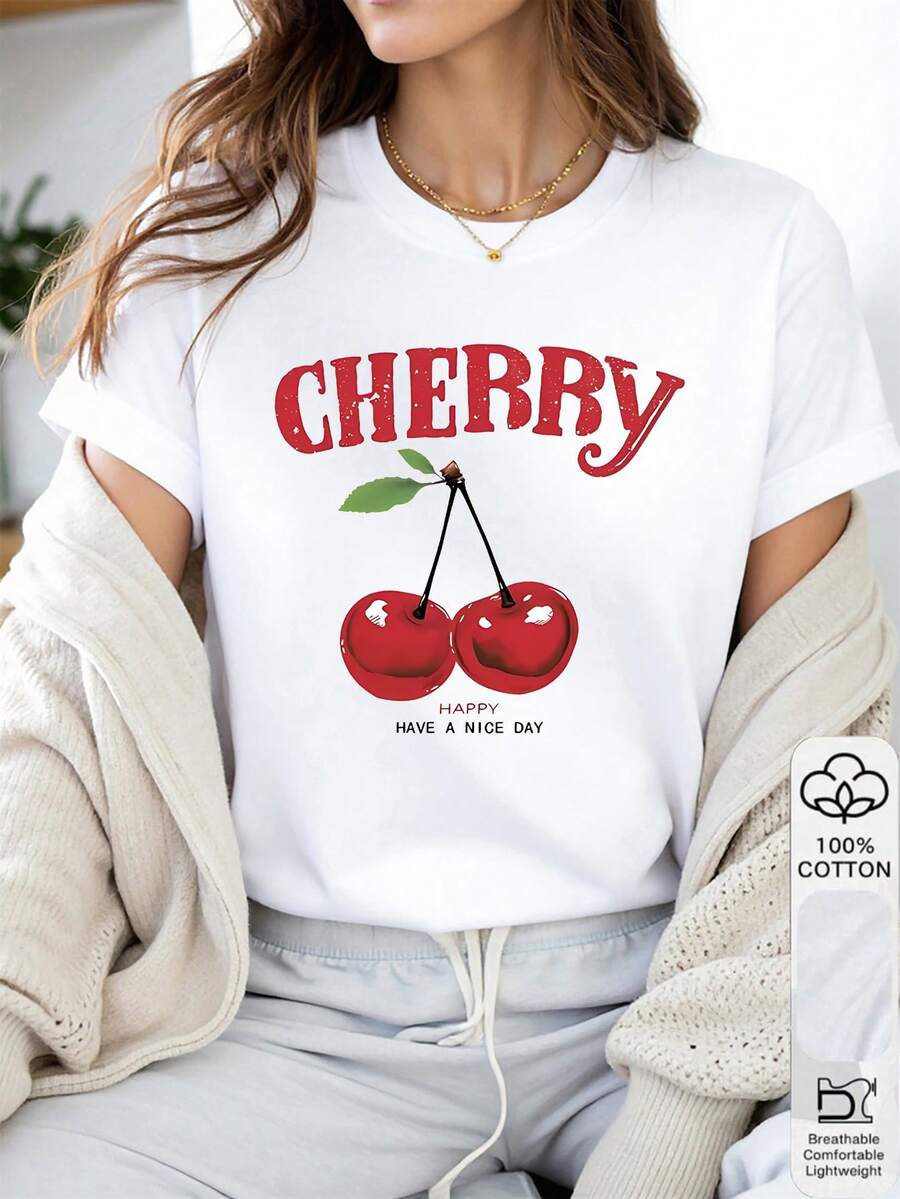 1 件女式图案 T 恤，100% 纯棉，樱桃水果印花，复古字母，可爱复古设计，适合女童的春夏四季 T 恤，限时优惠，完美的礼物之选