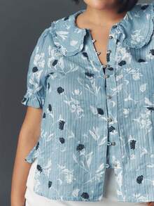 Women Y2k Puff Sleeve Peter Pan Collar Shirt Tops Button Down Boho Floral Print Ruffle Blouse Summer Cotton Babydoll Top - 藍色 - 查看 6