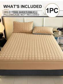 1pc Waterproof Fitted Sheet, Bedding, Halloween Decor, Christmas Decorations, Mattress Cover, Fall Decor, Quilted Bed Cover, Soft And Comfortable Bedding For Bedroom, Bedspread For Bedroom Decor, Halloween Gift, Room Decor, Skin-Friendly Full Coverage Fitted Sheet, Solid Color Grid Design Mattress Protector, Fitted Bottom Sheet For Twin, Full, King, Queen Size, Machine Washable, Perfect Holiday Gift - 駝色 - 查看 2