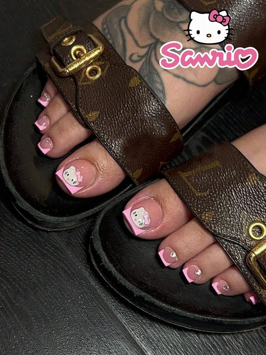 Sanrio 24 片短方形脚趾甲贴纸，粉色法式美甲风格 Hello Kitty 和水晶设计，含 1 片果冻胶和 1 个指甲锉，适合女性日常穿着、派对、婚礼按压指甲美甲用品 - 彩色 - 查看 1