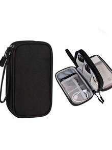 1 件双层数码配件收纳袋，通用旅行电子收纳袋，可容纳手机、数据线、硬币、珠宝、分类收纳、移动电源、鼠标、充电器、硬盘盒、保护套、耳机 - 黑色 - 查看 4