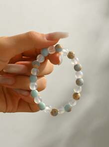 1pc Versatile Random Matte Shoushan Stone Beads Elastic Bracelet, Symbol Of Career, Love And Good Luck, Suitable For Festivals, Birthdays, Gifts