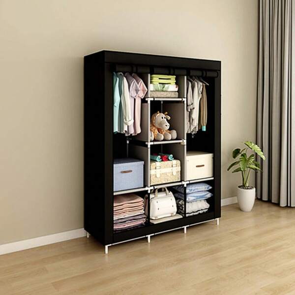 Portable Wardrobe Closet Clothes Organizer Non-Woven Fabric Cover With 6 Storage Shelves, 2 Hanging Sections And 4 Side Pockets