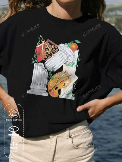 T-shirt da donna in cotone a coste, stampa con motivo in stile letterario, abbigliamento sportivo da donna in stile college per la primavera e l'estate, top a maniche corte nere da donna alla moda, morbidi e traspiranti.