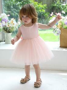 Baby Girls' Handmade Beaded 3D Bow Christmas Party Elegant Tulle Princess Dress, Suitable For Girls' 1st Birthday Gift, Party, Banquet, Holiday Celebration - Baby Pink - View 10