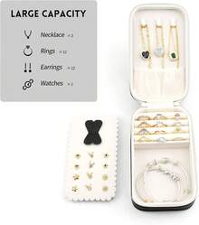 Small Travel Jewelry Organizers Box Women With PU Leather Portable Jewelry With Compartments Necklace Rings Earrings,Luxury Giftable Boxes.(Pearl White, S) - 黑色 - 查看 4