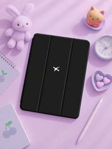Airplane 1pc Minimalist Black Background Plane Pattern Silicone Shock Proof Tablet Protective Case With Pen Slot, Compatible With Multiple IPad Models, Holiday/Birthday Gift