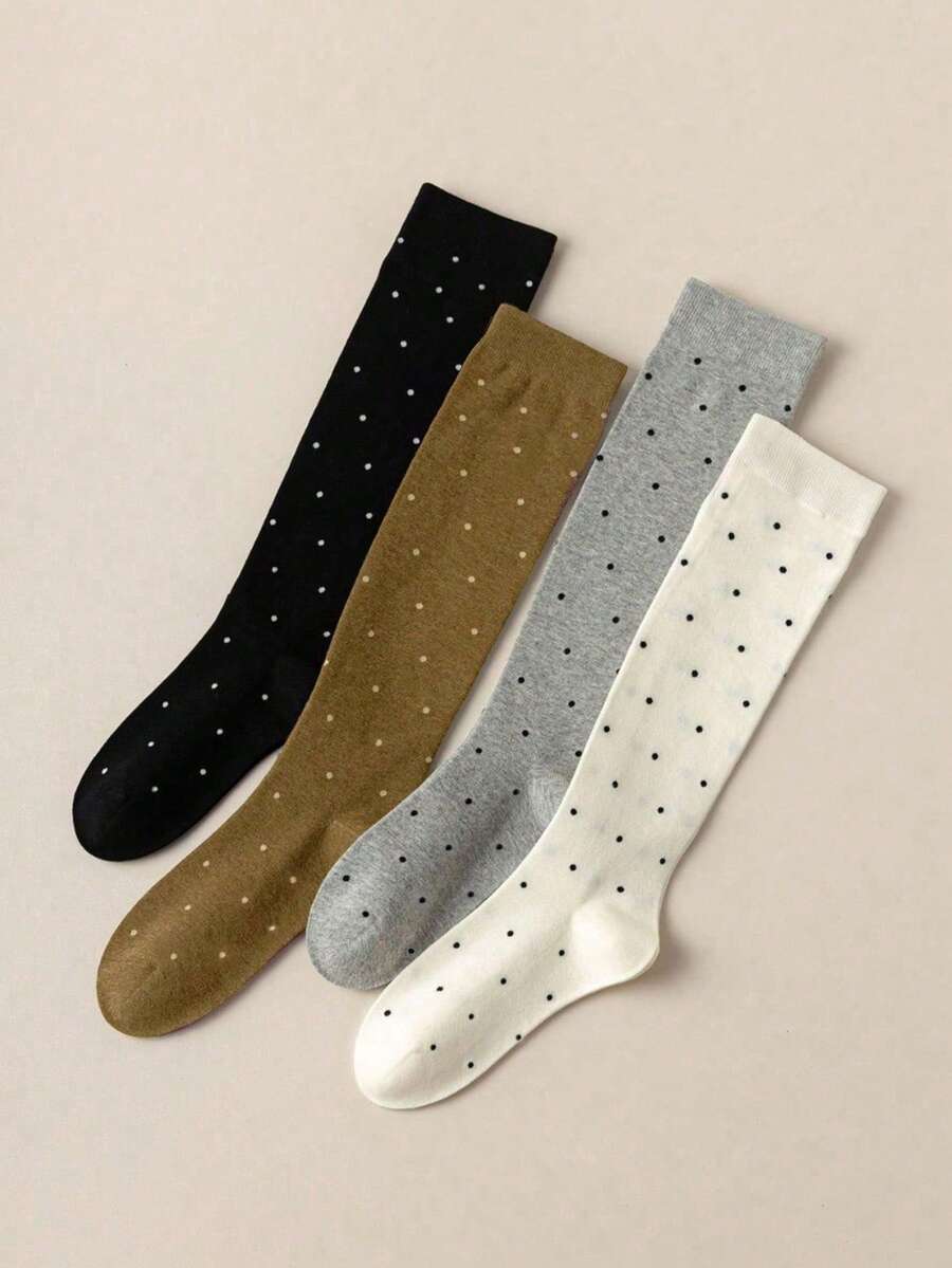 4双随机款女士甜美波点极简JK风过膝袜，Y2k风格，舒适 - 彩色 - 查看 1
