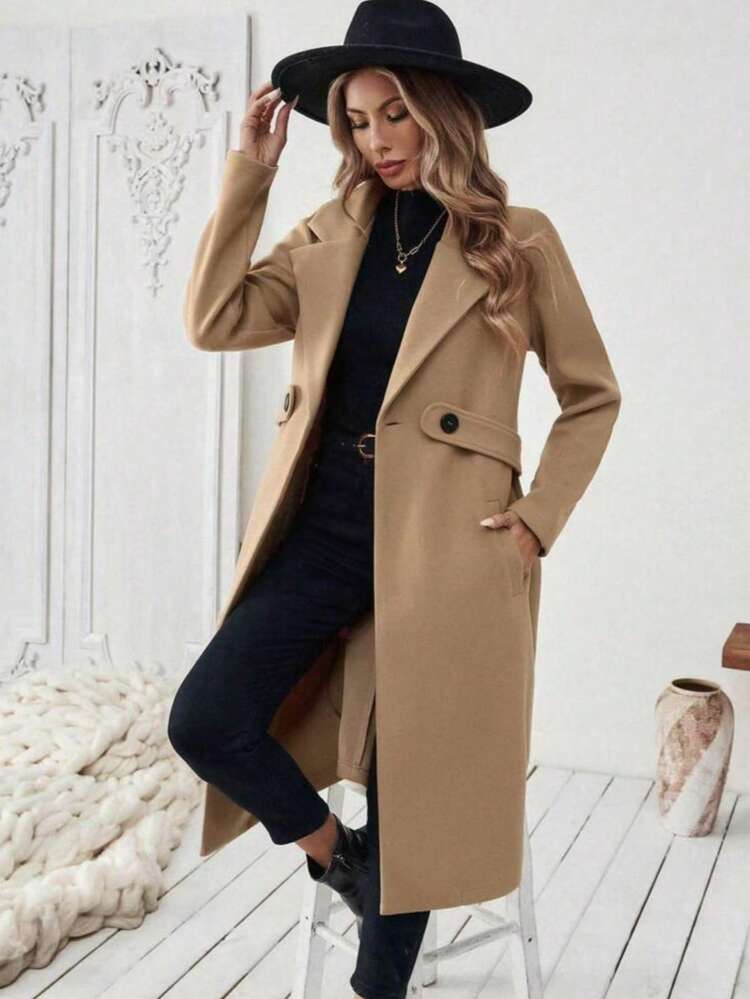 Women's Casual Turndown Collar Camel Color Belt Jacket, Autumn/Winter - Camel - View 6
