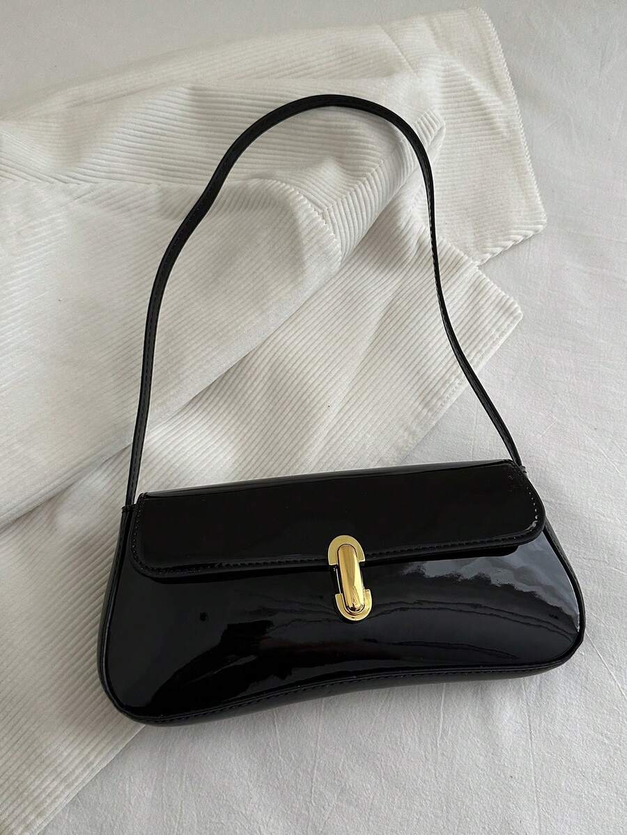 SHEIN ICON Women's Vintage Faux Oiled Leather Flap Decor One Shoulder Underarm Bag, Suitable For Dating, Outing, Party - Black - View 1