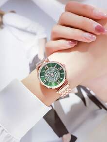 KEZZI 1条女士玫瑰金合金表带，紫色表盘，时尚水晶腕表，适合日常佩戴 - 玫瑰金 - 查看 1