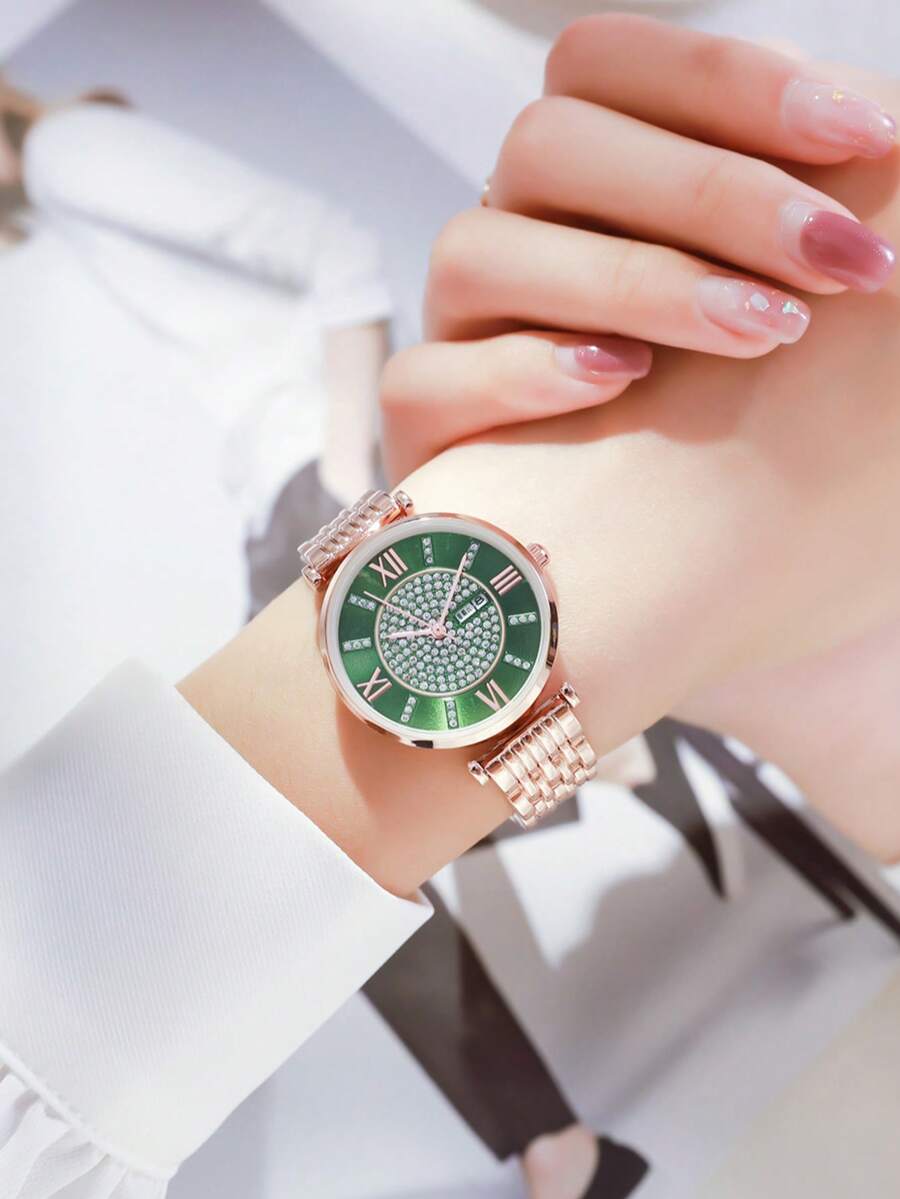 KEZZI 1条女士玫瑰金合金表带，紫色表盘，时尚水晶腕表，适合日常佩戴 - 玫瑰金 - 查看 1