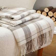 Summer Plaid Throw Blanket For Couch, Farmhouse Checkered Decor Throw, Lightweight Beige Throw Blankets For Bed Sofa,Living Room, 50"X60" - 米色&白色 - 查看 2